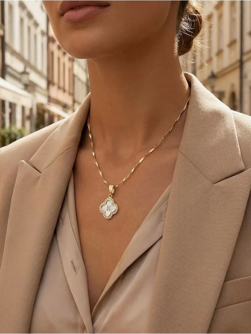 Elegant Gold Initial 'J' Mother-of-Pearl CZ Clover Pendant Seed Chain Necklace - Picture 6 of 7